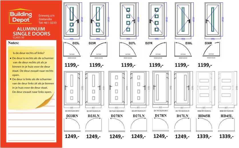 Aluminum Single (Hinged) Door, White, HD45L, Left, 955x2032mm