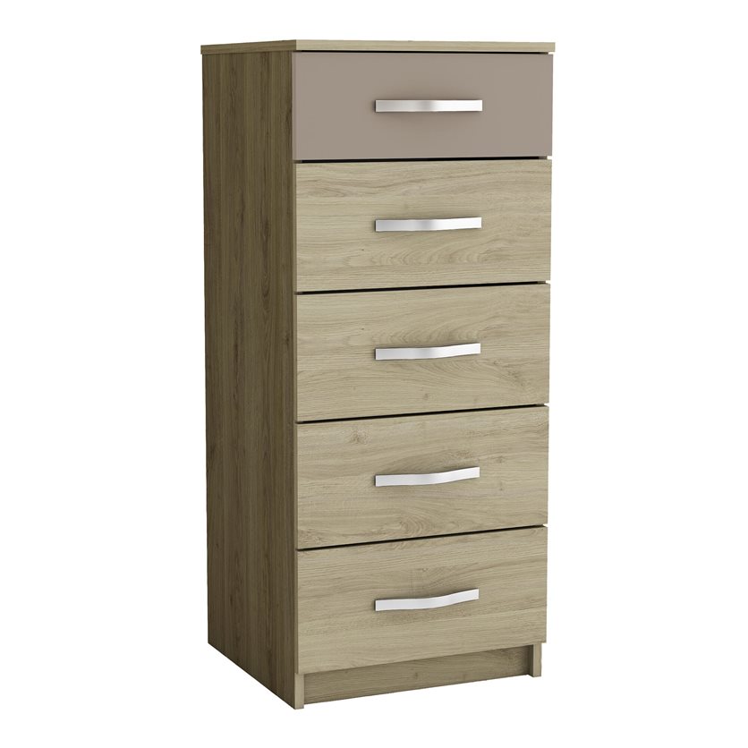 4+1-Drawer Narrow Chest &apos;Graphic&apos; - Oak/Clay