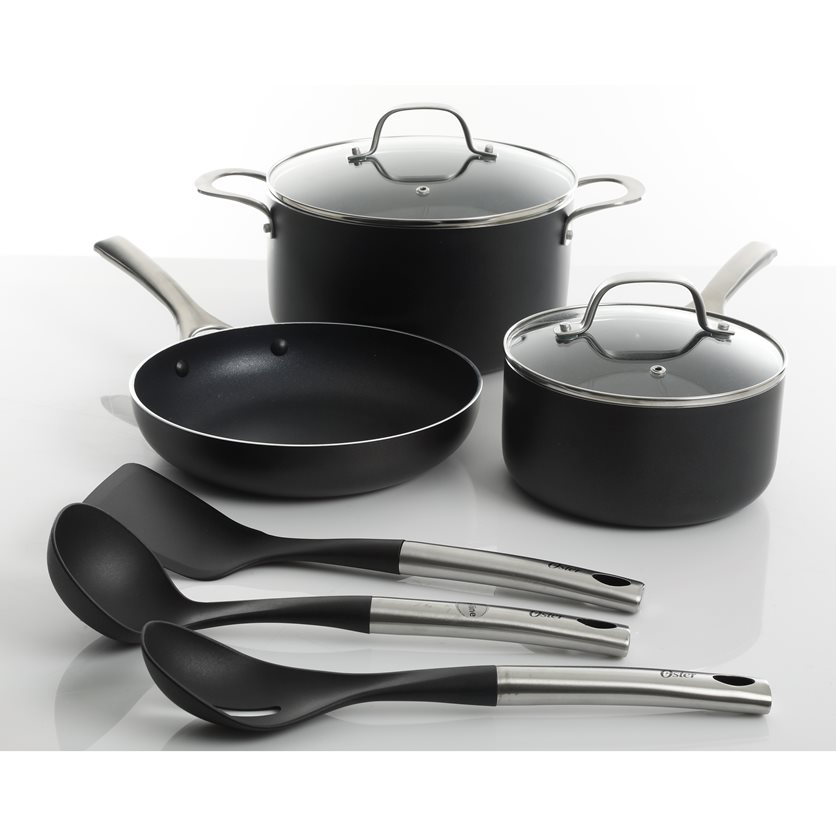 Palladium 8 pc AL CW Combo - Matte Black Int & Ext - Nonstick - Induction Base - Brushed SS Handle - Aluminum - 3.0 mm