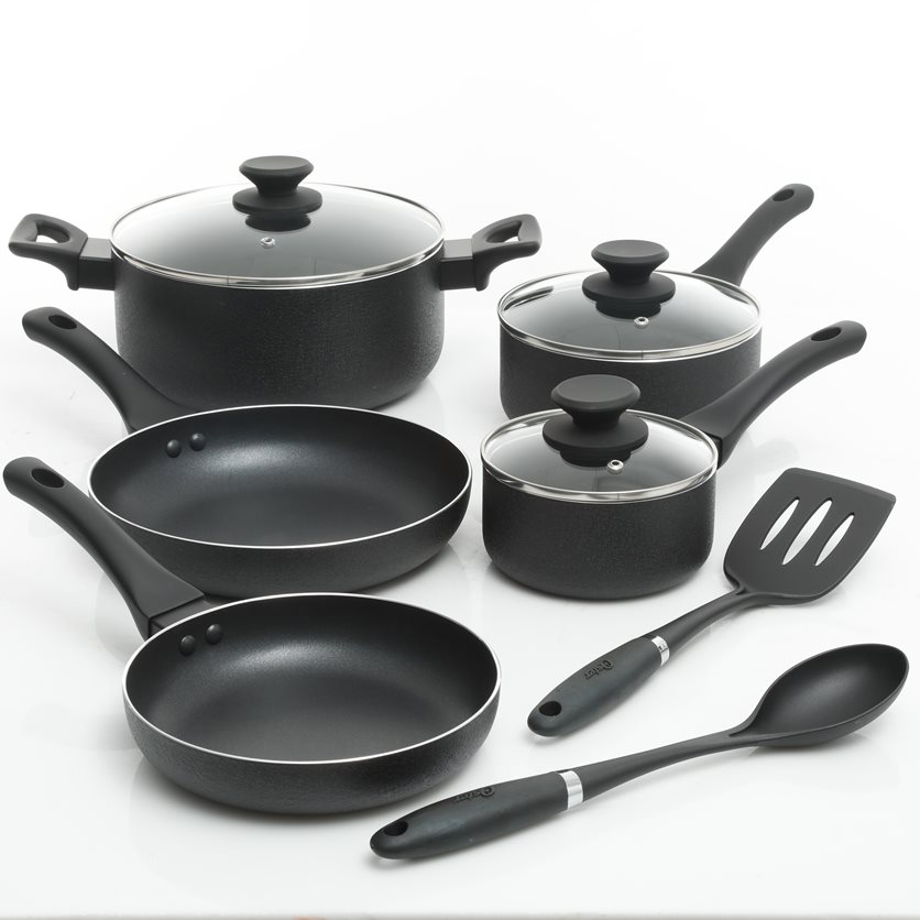 Ashford 10 pc AL CW Set - Black - Nonstick - Textured Ext. - Soft Touch Bakelite Handle - Aluminum - 2.5 mm