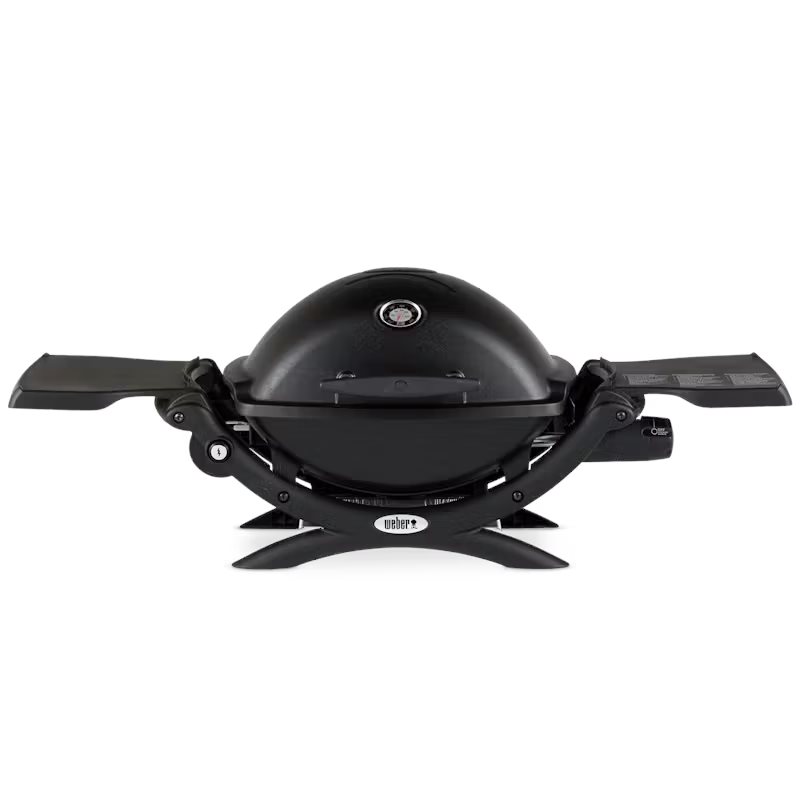 Sleek black table gas grill by Weber Stephen.